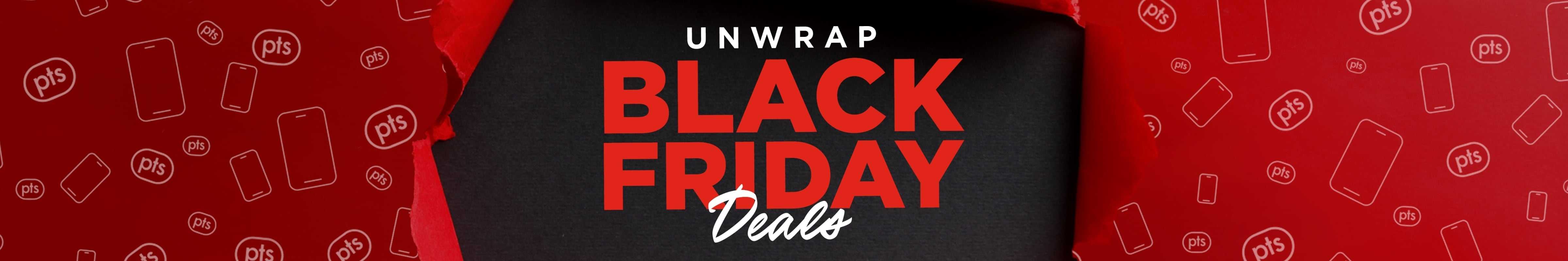 Red wrapping paper with PC Optimum points pattern opens to reveal "UNWRAP BLACK FRIDAY" in black capital letters and "Deals" underneath in glowing white cursive font.